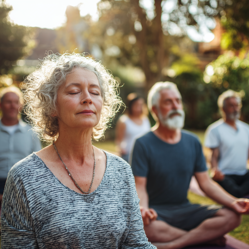 group of middle-aged adults practicing yoga outdoors in peaceful setting