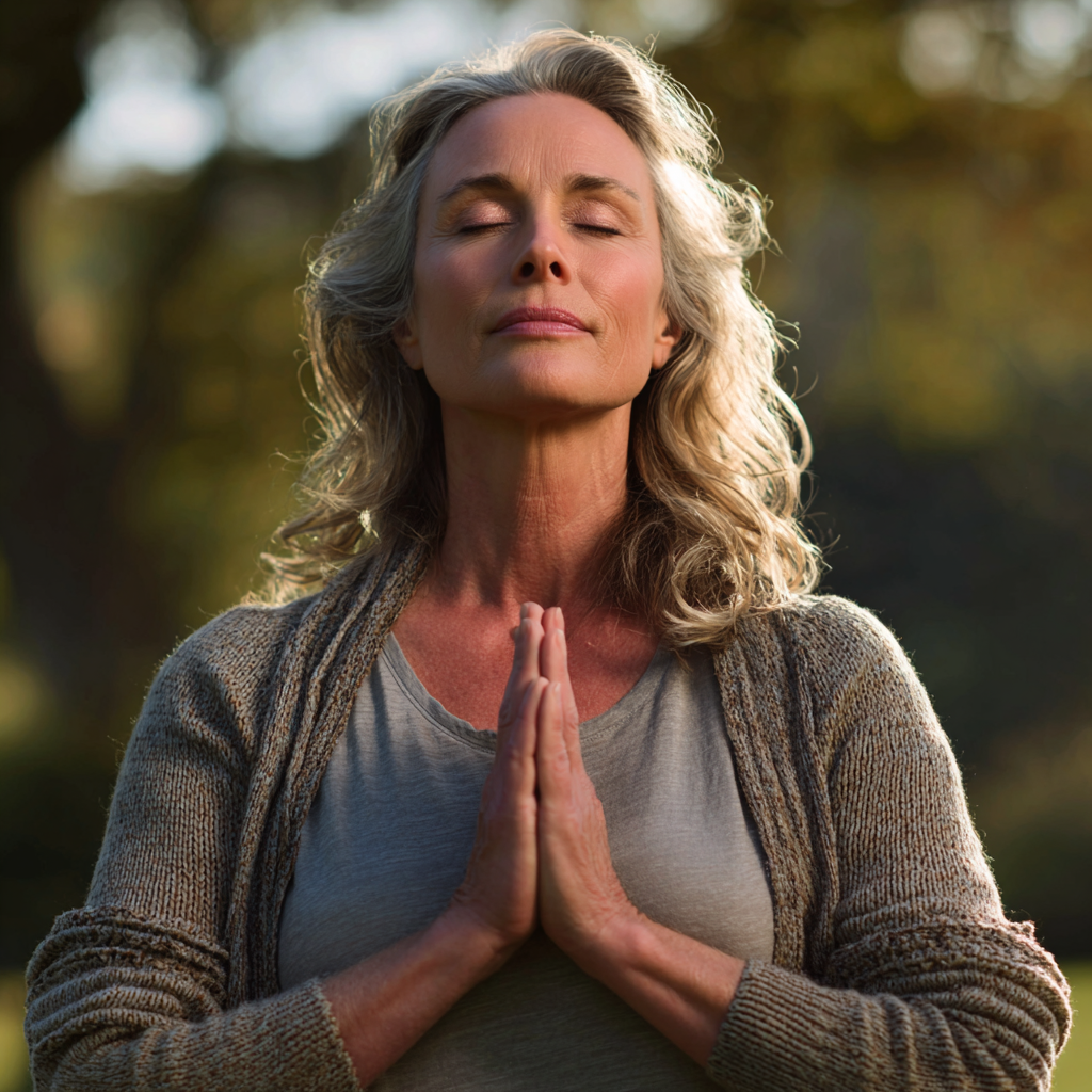 peaceful mature woman in yoga meditation pose outdoors